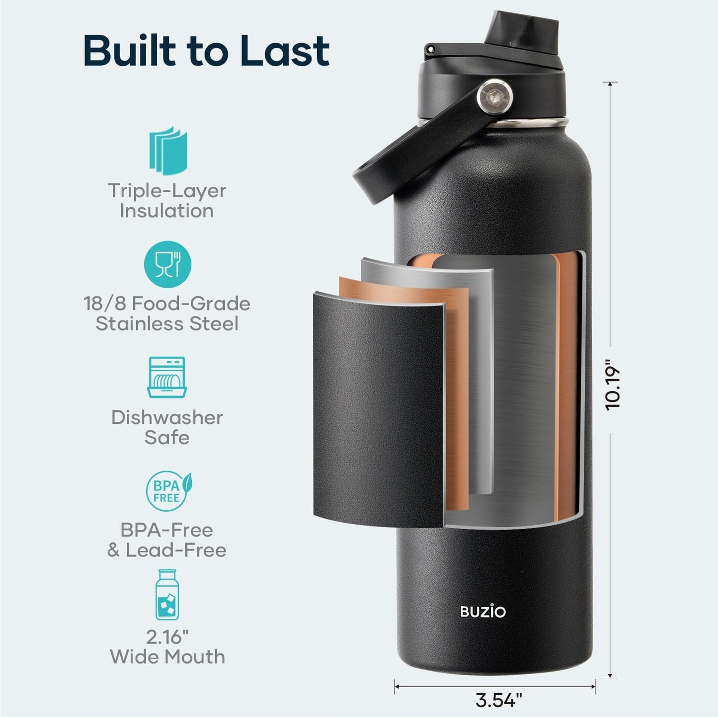BUZIO 1180ml Insulated Water Bottle with Straw Lid and Flex Cap, 40oz Stainless Steel Drinking Bottle (Keep Cold 48 Hrs/Hot 24 Hrs) Metal Flask Leakproof Wide Mouth Thermo Canteen for Sports, Black
