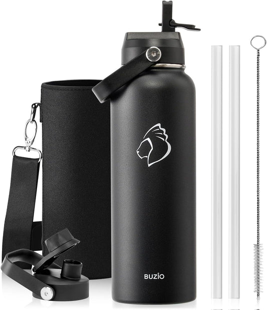 BUZIO 1180ml Insulated Water Bottle with Straw Lid and Flex Cap, 40oz Stainless Steel Drinking Bottle (Keep Cold 48 Hrs/Hot 24 Hrs) Metal Flask Leakproof Wide Mouth Thermo Canteen for Sports, Black