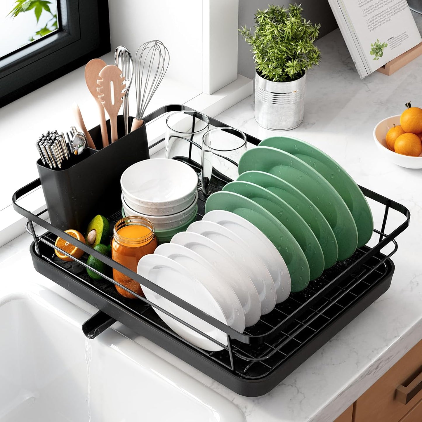 Kitsure Dish Drying Rack for Kitchen Counter - Space-Saving Stainless Steel Dish Drainer with Cutlery Holder, Kitchen Storage & Organisation, 29.0 x 38.1 x 12.7 cm, Black
