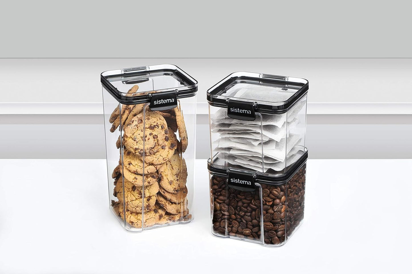 Sistema Ultra Tritan Airtight Pantry Storage Container | 1.3 Litre Square Food Storage Container | Stackable | with Locking Clips | BPA-Free | Clear with Black Accents